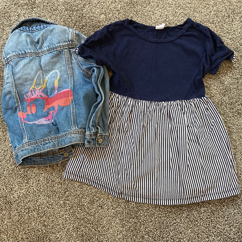 Gap Navy Stripped Dress Size 5 and Gap Minnie Mouse Denim Jacket Size 4